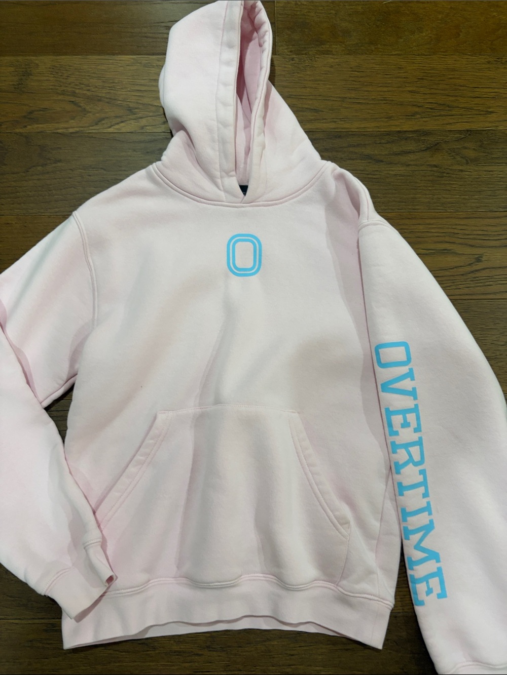 Kids Pink Hoodie with Blue 'OVERTIME' Sleeve Graphic